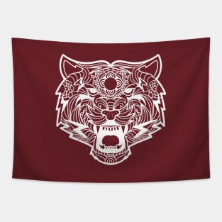 Tiger Fierce Scary Fangs Mandala Black and White Brave Warrior Tapestry