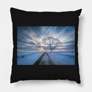 Snowy Tree and Road at Dawn Pillow