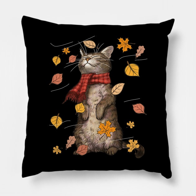 Cute Autumn Cat Fall Kitten Cat Lover Pillow by everetto