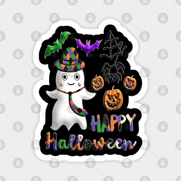 Pumpkin dad ghost Kawaii bat spider Happy Halloween violet orange black dots ribbon 3D tridimensional 320 Magnet by dvongart