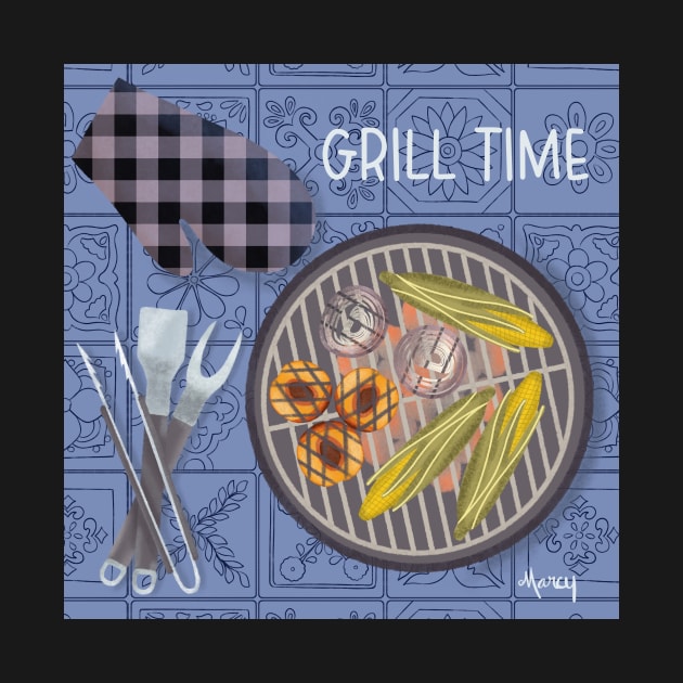 Grill Time on Blue Background by MarcyBrennanArt