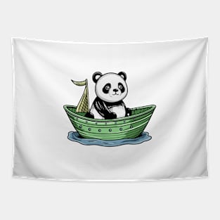 Cute Panda Driving Small Boat Ship Tapestry