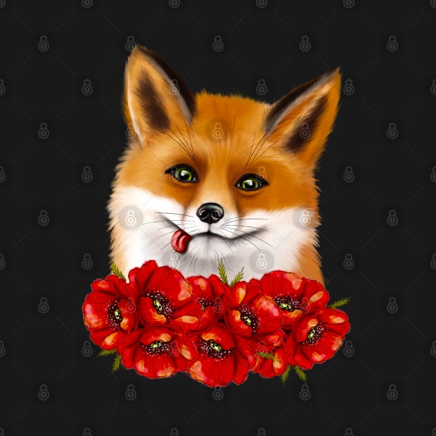 Cute face of a fox with red poppies. by Galinka Kro