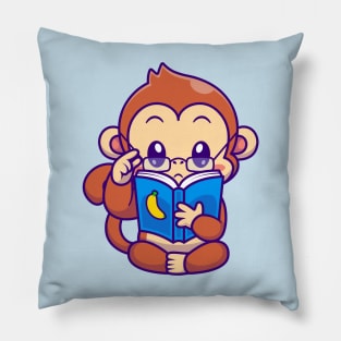 Cute Monkey Reading Book Banana With Glasses Cartoon Pillow