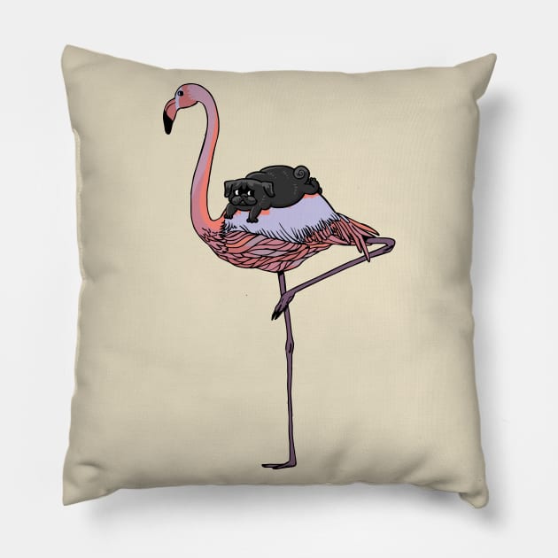 Flamingo and Black Pug Pillow by huebucket