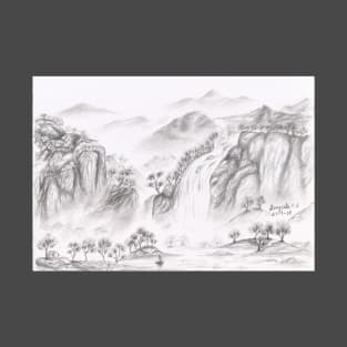 Waterfalls over the mountains pencil sketch T-Shirt