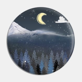 Illustrated Mountain Forest Night Scene Pin