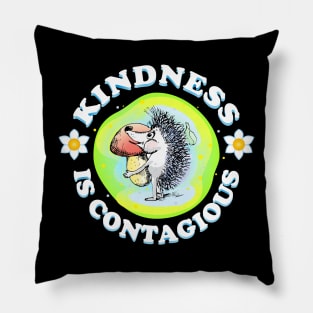 Kindness is contagious, positive quote, be kind life style, care, Little Hedgehog gives a mushroom. Be Kind. Cartoon style joyful illustration, kids gifts design. Pillow