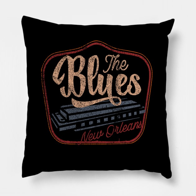 Blues music New Orleans harmonica distressed Pillow by SpaceWiz95