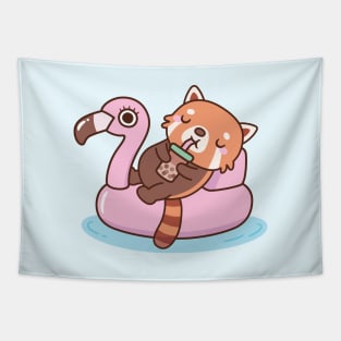 Cute Red Panda With Flamingo Pool Float Summer Tapestry