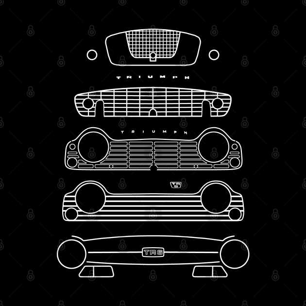 Triumph TR evolution classic 1950s-1960s British sports cars white outline graphic by soitwouldseem