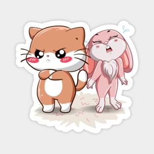 White Brown Cat with Cute Baby Pink Rabbit Magnet