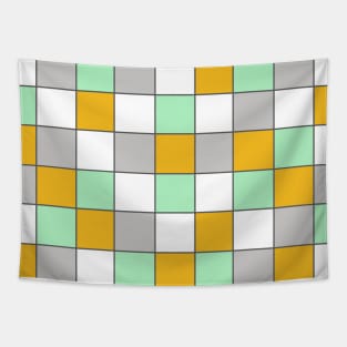 Grey, Mint Green and Mustard Yellow, Checked, Grid Tapestry