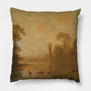 Twilight With Deer by Albert Bierstadt Pillow