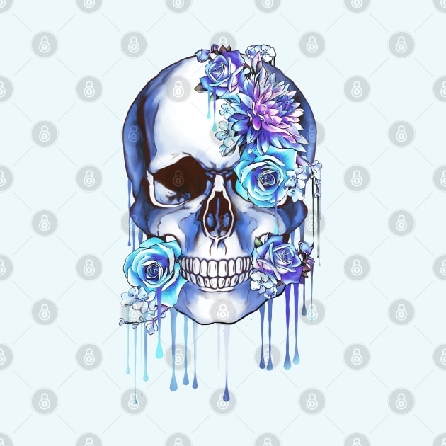 Floral, flowers and skull, Human anatomy, bones, blue style drops color paint by Collagedream