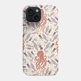 Brown octopus amoung little jellyfish and seaweed Phone Case