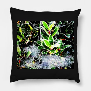 Frosty holly with cobweb digitally enhanced photograph Pillow