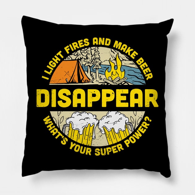 light power and beer, whats your super power, camping, fun, adventure, peace, calm, relaxation Pillow by The Bombay Brands Pvt Ltd