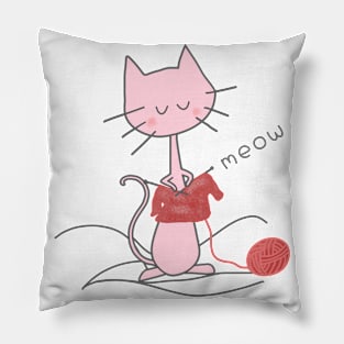 Pink Knitting Cat - White Pillow