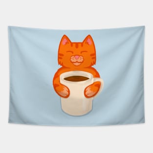 Orange Cat drinking Coffee Tapestry