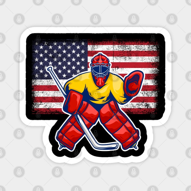 Vintage Ice Hockey Goalie American USA Flag Gift For Goalie Magnet by DragonTees