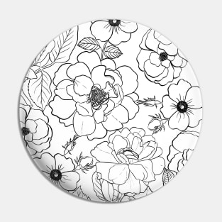 Elegant Roses Floral Black Line art Pin