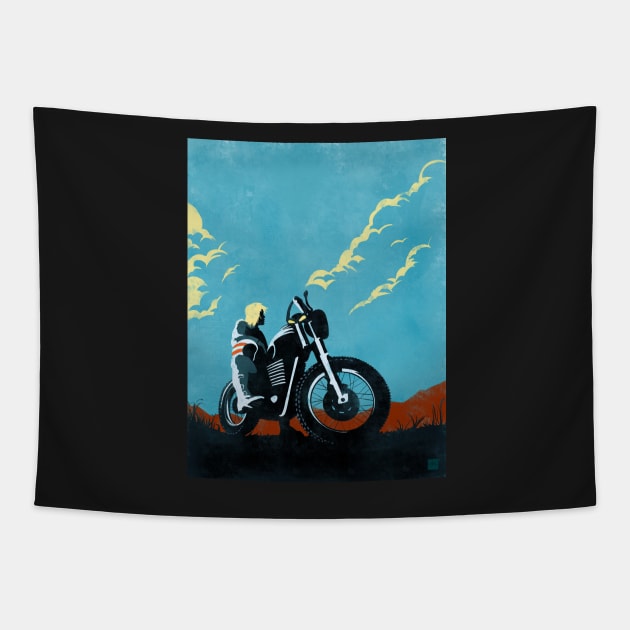 Retro grunge caferacer scrambler motorcycle Tapestry by SFDesignstudio