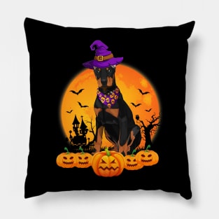 Funny Witch Hat Pumpkin Doberman Halloween Pillow