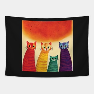 Four Quirky Multicoloured Cats Print. Purple, Red Yellow and Green Tapestry