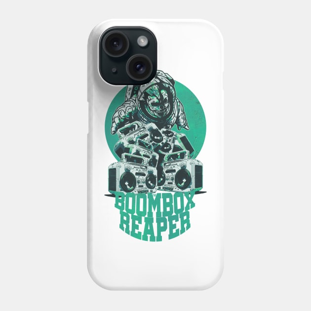 Green Boombox Reaper - Skull-Face Astronaut with Boomboxes Phone Case by AnAzArt