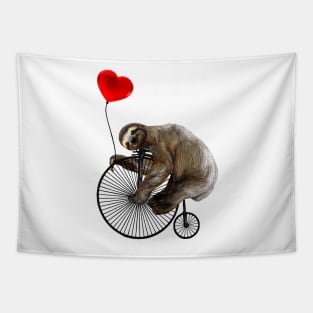 Sloth on Penny Farthing Velocipede with Heart Balloon Tapestry