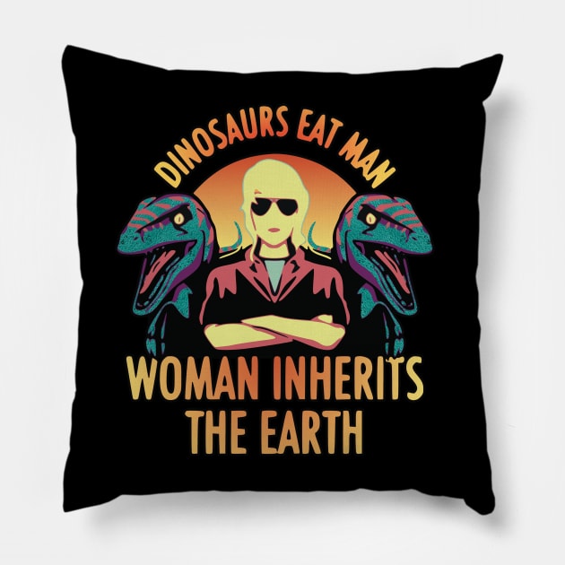 Dinosaurs Eat Man Woman Inherits The Earth (Sunset Edition) Pillow by RuftupDesigns