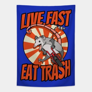 Live Fast Eat Trash Possum Riding Vintage Minibike Tapestry