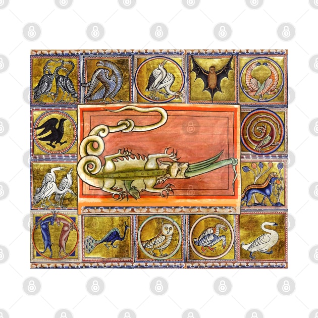 MEDIEVAL BESTIARY,CROCODILE EATING SEA SERPENT, MYTHICAL ANIMALS IN GOLD PINK BLUE COLORS by BulganLumini