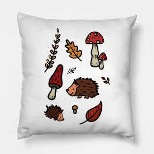 Autumn Illustration of Hedgehogs, Mushrooms and Leaves Pillow