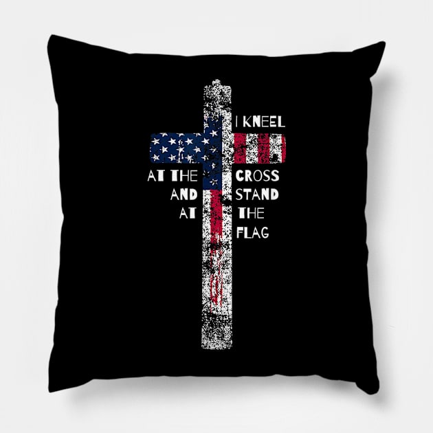 I kneel at the cross and stand at the flag Pillow by ChristianLifeApparel