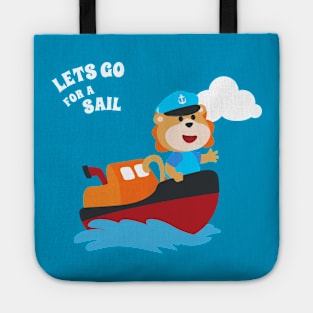 Cute lion the animal sailor on the boat with cartoon style. Tote