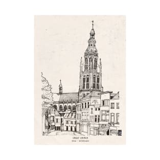 Great Church Breda Netherlands Cityscape Pen Ink Illustration T-Shirt