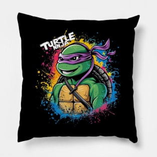 A striking and vibrant illustration of a ninja turtle, wearing a pair of sleek headphones Pillow