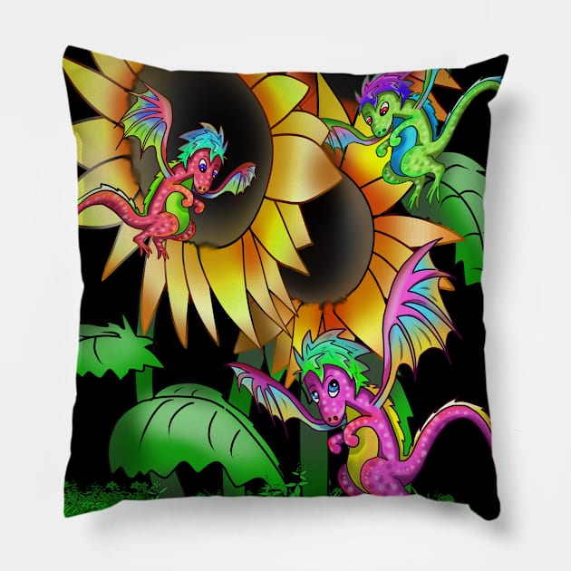 Cute little dragons and big sunflowers Pillow by cuisinecat