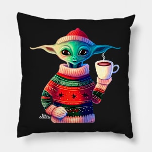 Christmas Funny Alien Wearing Sweater Pillow