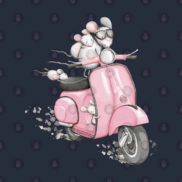 Mice with a classic vintage scooter. by Magic Mouse Illustration