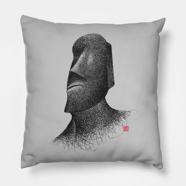 Easter Island Moai hand drawn pen and ink illustration in black and white. Pillow by GeeTee