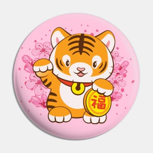 Cute Lucky Tiger with Pastel Pink Sakura Kawaii Aesthetic Pin