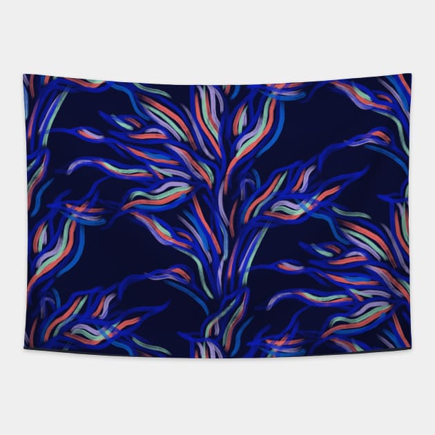 Navy Funky Leaves Tapestry by Carolina Díaz