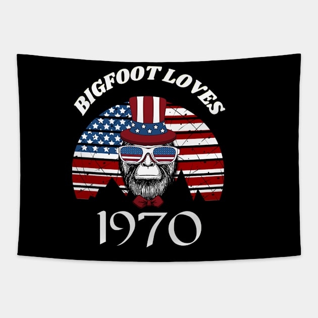 Bigfoot loves America and People born in 1970 Tapestry by Scovel Design Shop