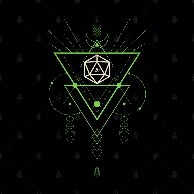 Geometric Esoteric Sacred Symbol Green Polyhedral D20 Dice by pixeptional