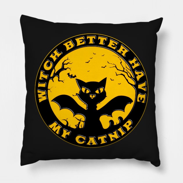 vintage Catnip Madness black cat witch Pillow by masterpiecesai