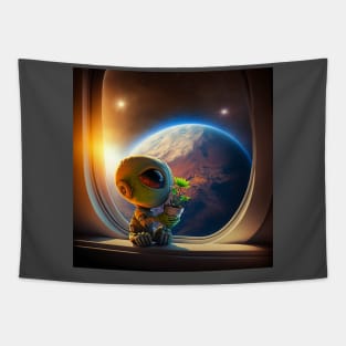 Cute Alien holding a green plant - We come in peace Tapestry