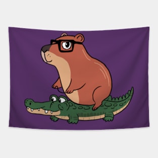 Funny Capybara Riding On a Crocodile Tapestry